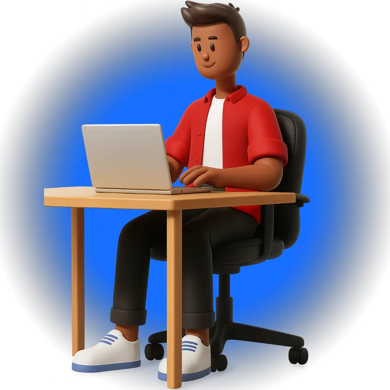 Tegnet figur ved en computer